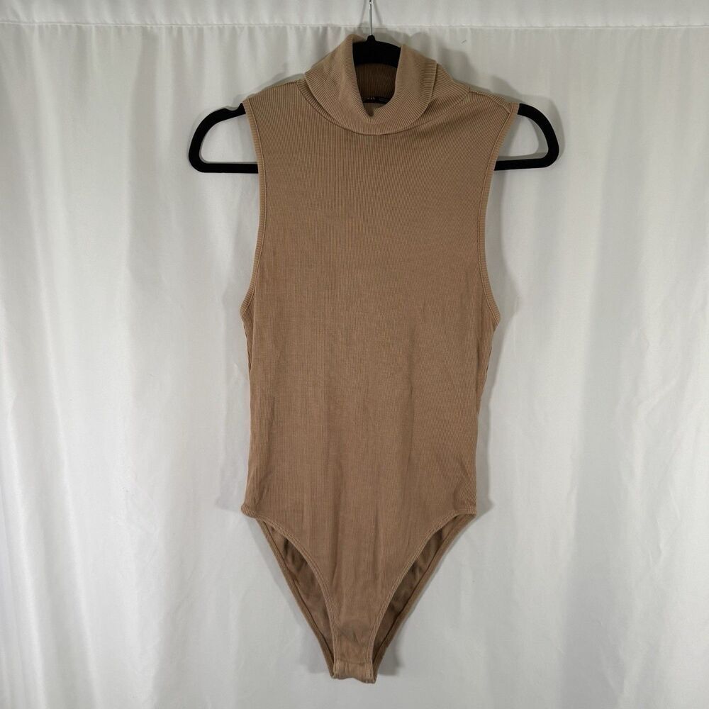 Zara Bodysuit Women's Large Tan Brown Turtleneck Sleeveless Ribbed Button Snap